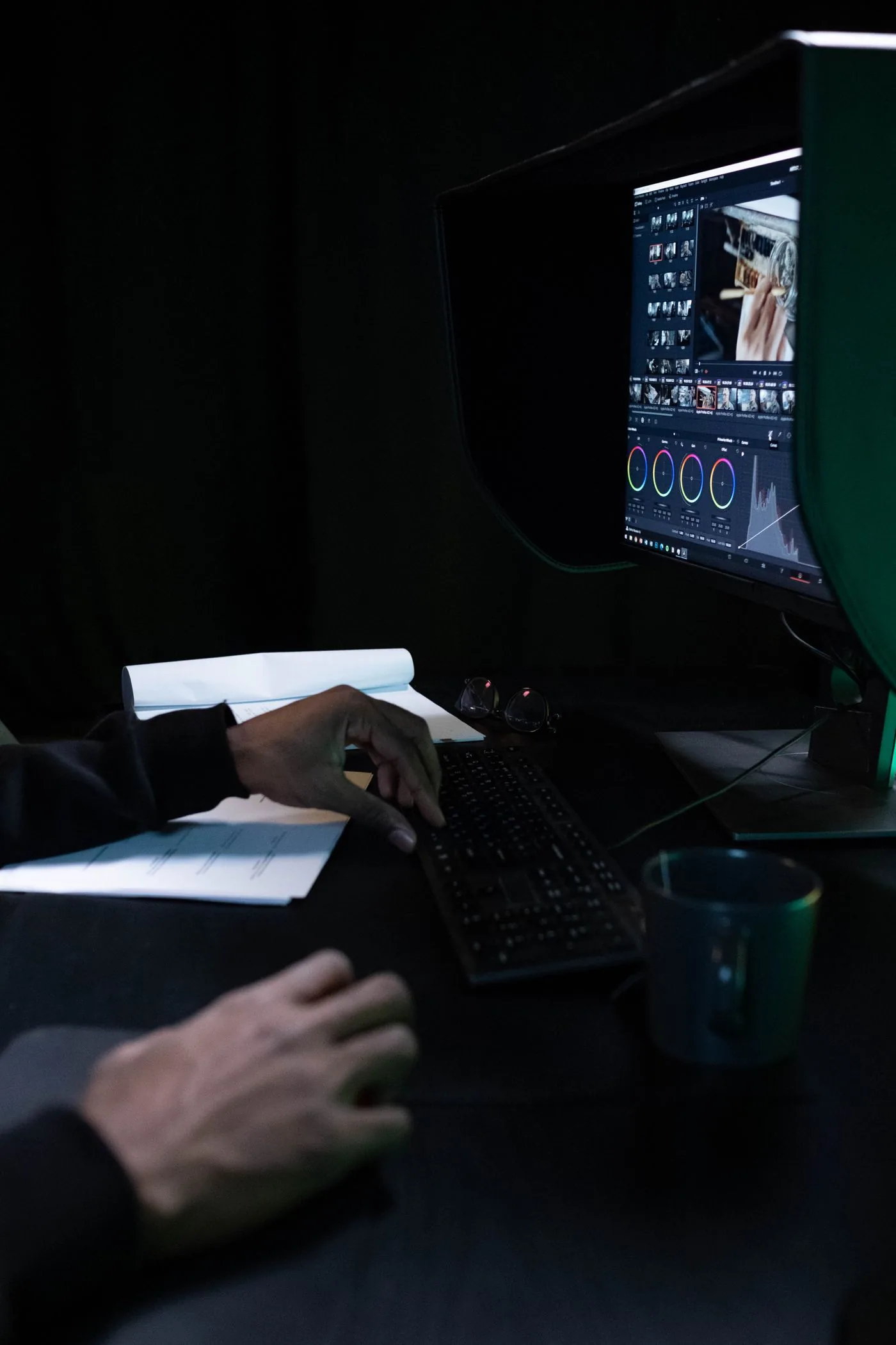 A video editor reviewing color controls on a monitor in a dark room