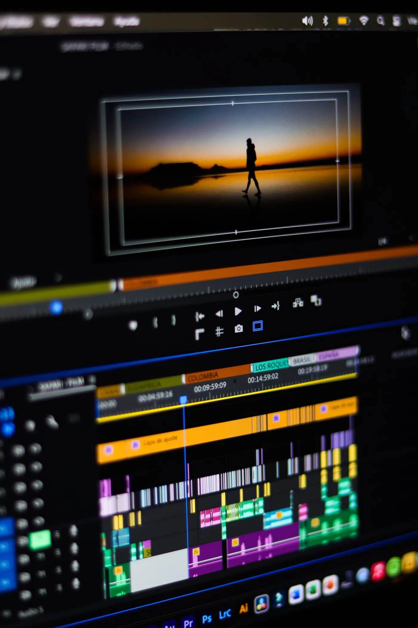 An editing monitor displaying a landscape preview and a multitrack timeline