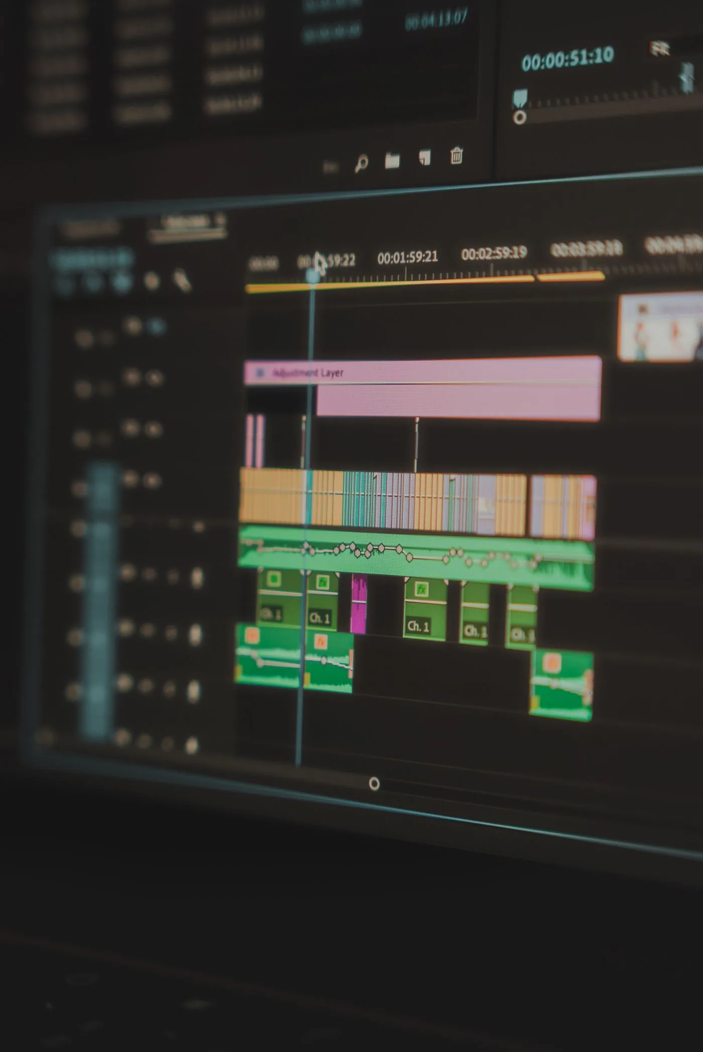 A close view of stacked audio and video clips in a computer editing timeline